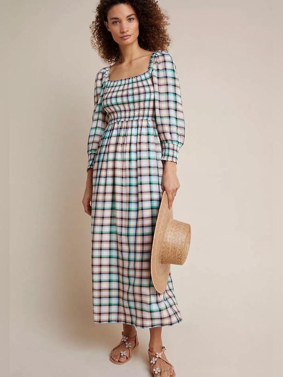 Anthropologie Dresses & Skirts - Anthropologie Maeve Cerie Smocked Midi Dress Boho Plaid Green Pockets S